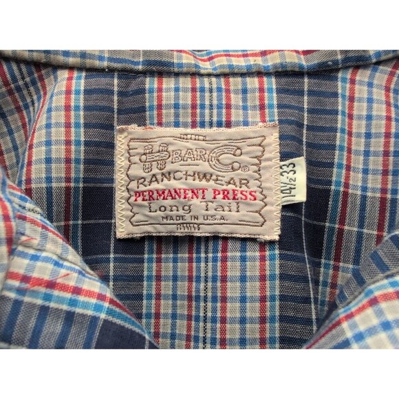 VTG H Bar C 14.5-33 Ranchwear Long Tail Pearl Snap Blue Plaid Shirt Western 70s - Picture 7 of 14
